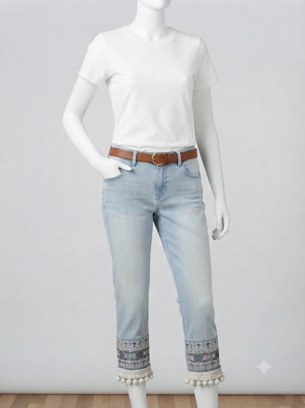 Democracy Light Wash Cropped Jeans with Embroidered & Pom-Pom Hem
